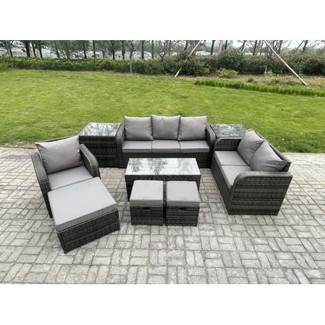 Fimous Dossier haut Salon de jardin avec Canapé d'amour Table basse rectangulaire 2 Tables d'appoint 3 Tabourets Ensemble de canapés en rotin Gris foncé mixte (1/5)