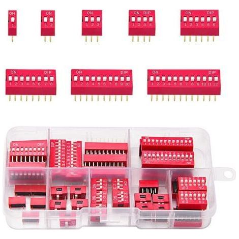 40 unidades de interruptores DIP de doble fila de 1, 2, 3, 4, 6, 8, 10 y 12 pines, tipo deslizante de encendido/apagado de 2,54 mm, para placas de circuito impreso (rojo). (1/5)