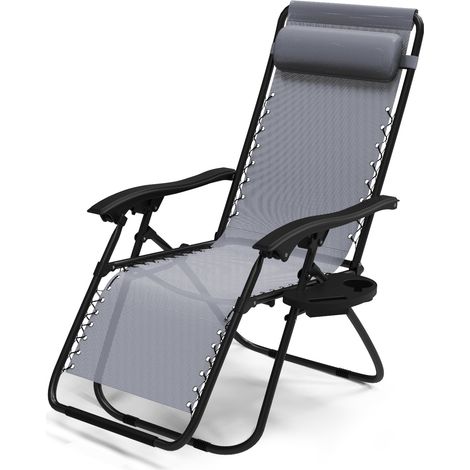 VOUNOT® Liegestuhl Klappbar, Relaxstuhl Garten mit Getränkehalter und Kopfpolster, Grau