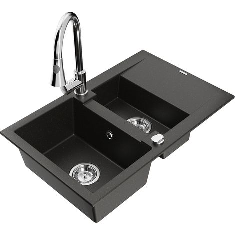 Mexen Gaspar 1,5-Becken-Granitspüle mit Abtropffläche und Mischbatterie Elia, Schwarz/Gold metallisc