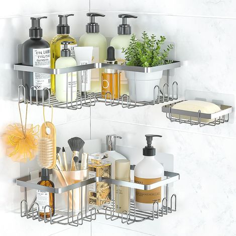 Etagère de Douche d'angle sans Perçage, Lot de 3 Etagere Salle de Bain Acier Inoxydable avec Porte Savon Douche, Rangement Douche pour Bouteilles de Shampoing gel, Support Douche - Argent (1/5)