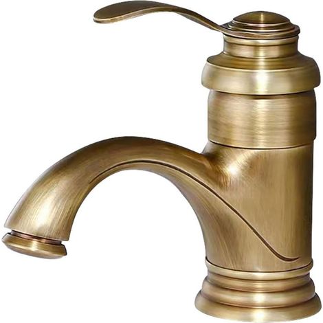 Robinet de lavabo en cuivre à poignée unique et trou unique, à arc bas, montage sur plage, robinet d'eau chaude et à eau froide(style antique, court) (1/5)
