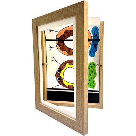 Marco de arte infantil, frontal abierto, marco de fácil reemplazo, marco para colgar en la pared para ilustraciones y dibujos (color madera) (1/4)