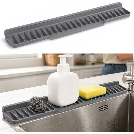 Thin Silicone Drip Mat, Splash Proof Drain Mat, Faucet Protector for Kitchen Sink, Narrow Edge, Suction Cup, Automatic Drainage for Kitchen Sink, Grey (1/5)