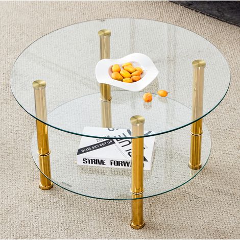 Table basse ronde à 2 niveaux en verre trempé, pieds métal doré, Ø 70/60 cm, H 42 cm (1/5)