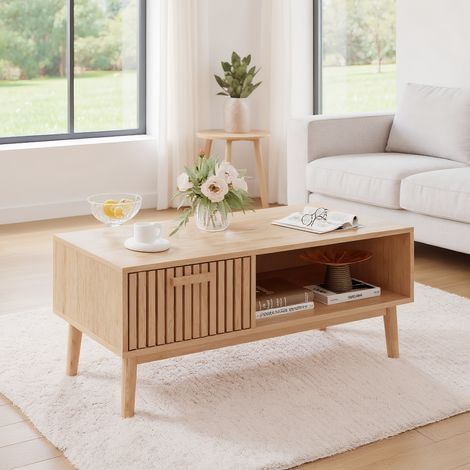 Couchtisch helle Eiche, Wohnzimmertisch mit offenem Ausstellungsregal und 1 ausziehbaren Schublade, Moderner Beistelltisch, Kaffeetisch eckig, 100 x 50 x 43 cm (1/5)