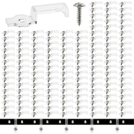 Pair 150 Pièces 10mm Clips Bande Lumineuse, Clip de Fixation Ruban LED, Support Fixation Bande Lumière Clips, avec Vis, pour 10MM Large LED Bande Lumières (Transparent) (1/5)