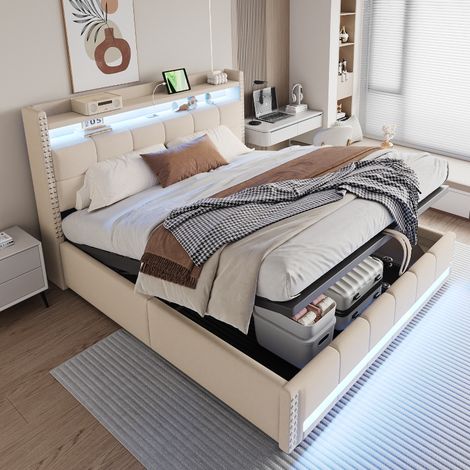 Polsterbett 180x200 mit Stauraum und LED-Beleuchtung, Doppelbett mit Hydraulik-Bettkasten, USB-Steckdose und Kopfteil-Ablage, Leinenstoff Beige (1/5)