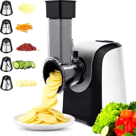 5-in-1 Electric Vegetable Cutter 150W - Silver Multifunctional Grater with 5 Cutting Drums for Fruit, Vegetables and Cheese. Dishwasher-safe. (1/5)