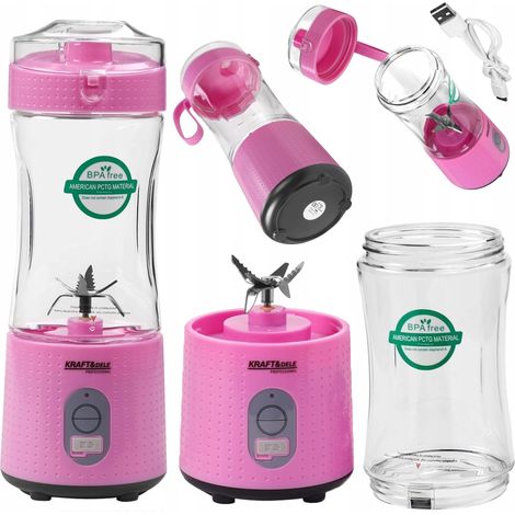 Licuadora portátil recargable de 380 ml, USB-C, 2 baterías de 3000 mAh, color rosa, Kraft&Dele (1/5)