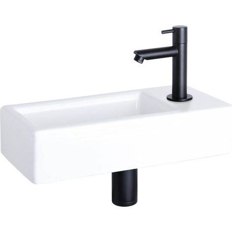 Differnz Hura kit lave-mains - 37,5x18,5x9cm - Rectangulaire - 1 trou de robinet - Robinet droit noir mat - Céramique blanche (1/5)