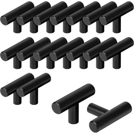 Juego de 20 tiradores de acero inoxidable negro para armarios - Tirador en T de 50 mm - Para cajones y puertas de cocina - Diseño moderno