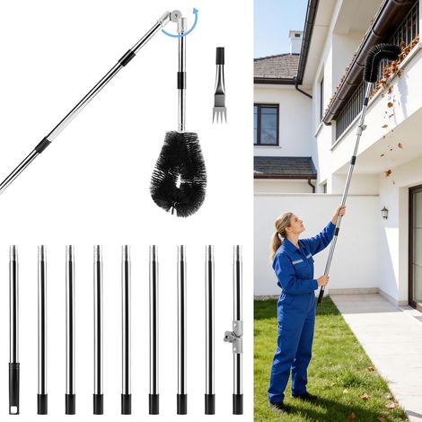Nettoyeur Gouttière Télescopique 4m Grattoir Inox & Brosse Nylon, Manche Réglable, Outil 2 en 1 pour Feuilles, Boue, Débris (1/5)