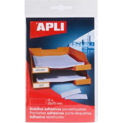 PACK 12 BOLSILLOS ETIQ. APLI ADH. TRANSP. 25X75MM