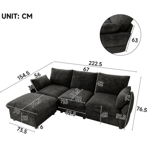 Canapé d'angle moderne avec pouf (repose-pieds inclus), canapé 3 places en chenille, idéal pour les salons, appartements et studios, gris foncé, 222,5 × 154,5 × 76,5 cm (1/5)