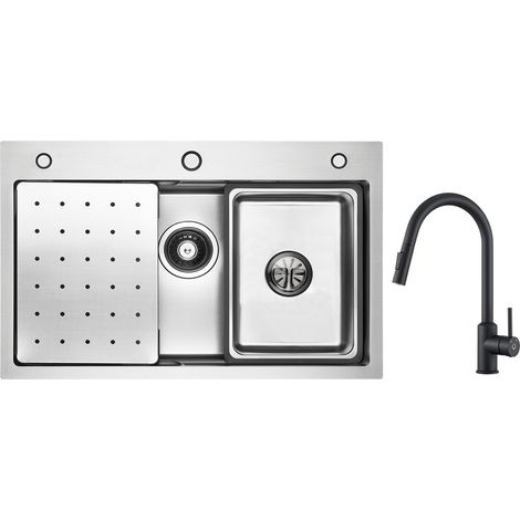 Cecipa Lavello 1 Vasca 70×45 cm con Gocciolatoio, Vaschetta e Dosatore Sapone + Miscelatore Cucina con Doccetta Estraibile Nero (1/5)