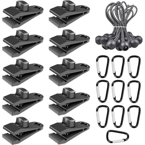 30 Pièces Clip de Tente Clips de Bâche Pince pour Auvent Pinces pour Bache avec Corde à Billes Élastique et Mousqueton pour Camping en Plein Air Tentes Auvents (1/5)