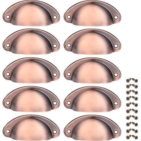 10 maniglie per mobili in bronzo rosso spazzolato stile vintage a forma di conchiglia per cassetti, armadi, pomelli per ante di credenze, 82 mm, con viti incluse. (1/5)
