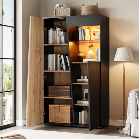 Vetrina alta con LED Bluetooth 80x35x139,5 cm in MDF e vetro nero effetto legno OKWISH (1/5)
