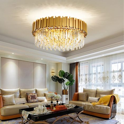 Lustre en cristal moderne,2 en 1 Chandelier en Cristal Moderne Pendentif en Or,9xE14 Lampe à Pendentif en Cristal Rond pour salle à manger, cuisine, salon, chambre, couloir(55 55 Cm,Or) (1/5)
