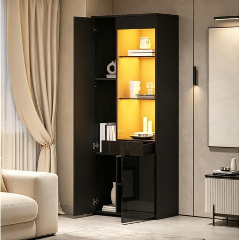 Vetrina 70 x 35 x 180 cm con LED, 1 cassetto, ante e ripiani, nera DESVIAE (1/5)
