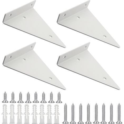 Supports d'étagère, paquet de 4, supports muraux flottants triangulaires blancs dissimulés en fer forgé robuste, adaptés aux étagères de cuisine, de bureau et de jardin (130×140). (1/4)