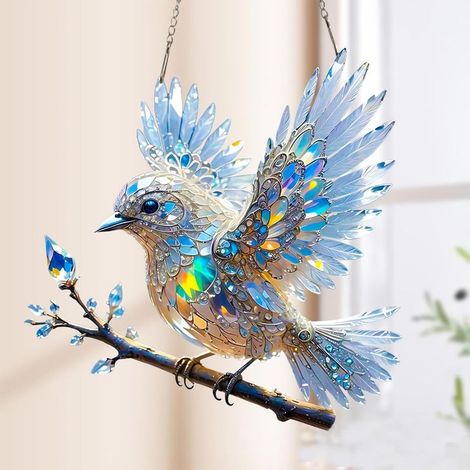 Tinted, crystal blue bird – Realistic artificial bird decoration – Suncatcher – 2D acrylic figure for shelf, garden, patio, living room (1/5)