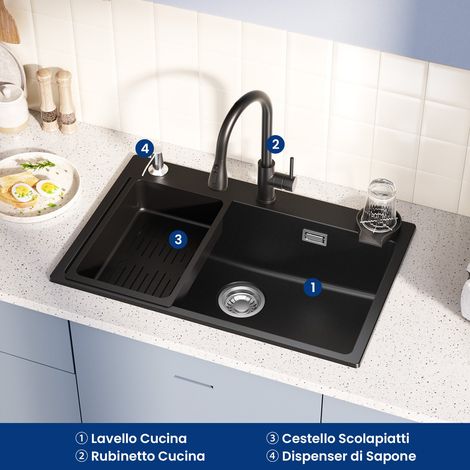 70 x 45 cm Granit-Küchenspülen-Set mit ausziehbarem Küchenwasserhahn, Abtropfkorb, Seifenspender, passend für Schränke über 80 cm (1/5)