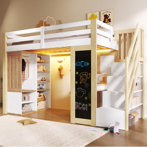 Letto a soppalco 90x200 cm in legno/MDF bianco/naturale con scrivania – MEUBLIV (1/5)