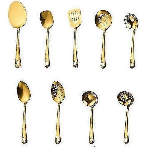 Ensemble d'ustensiles de cuisine en acier inoxydable plaqué or - Coffret cadeau de 9 pièces en titane doré pour la maison et la famille (1/5)