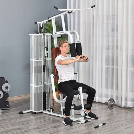 Station de fitness multifonctionnelle avec poulie haute, barre papillon, haltères de 45 kg et corde équipement de fitness à domicile, blanc (1/5)