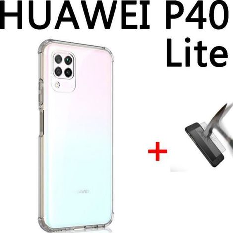 Coques HUAWEI P40 lite(6.4") Housse en silicone transparente pour téléphone portable + Protecteur d'écran en verre trempé. (1/4)