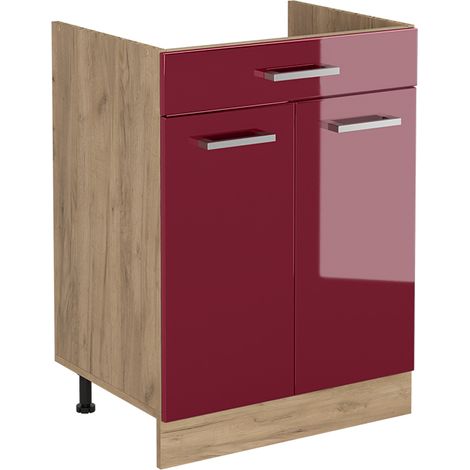 Mobiletto base cucina R-Line, Rosso lucido/Rovere dorato, 60 cm con cassetto senza piano di lavoro, Vicco (1/5)