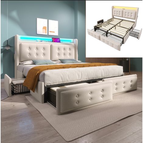Lit double rembourré - 180x200 cm - Lit coffre, LED USB, 4 tiroirs, Design moderne, Coton-lin Beige (1/5)