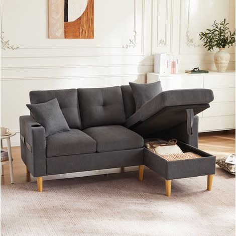 Sofá rinconera de 3 plazas con chaise longue, almacenaje y portavasos gris oscuro DESVIAE (1/5)