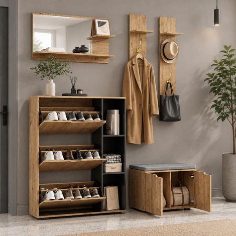 Conjunto de recibidor 150x35x161,5 cm negro y efecto madera con banco zapatero - CHICFURN (1/5)