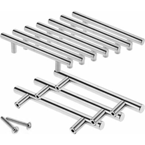 Poignée de placard en T inox brossé 64mm, lot de 10, Ø12mm, barre de tirage pour cuisine, avec vis de fixation, poignée de porte d'armoire, finition acier inoxydable, moderne et robuste. (1/4)