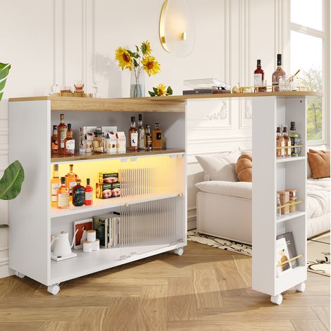 Bartisch MDF Weiß ausziehbar 138-204x39x105 cm mit Stauraum, LED und Rollen (1/5)
