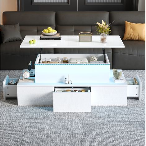 Mesa de centro elevable 100 x 50 x 40 cm con 4 cajones, LED, MDF blanco HAVRYA (1/5)