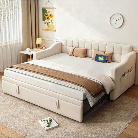 Sofá cama extensible 90 x 190 cm, ampliable a 180 cm, puertos USB, terciopelo beige OKMYHOME (1/5)