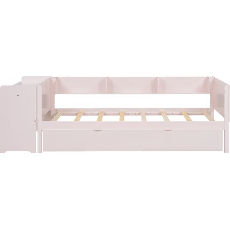 Lit enfant 90 x 200 cm en pin et MDF rose avec lit gigogne, bureau et rangements latéraux (1/5)