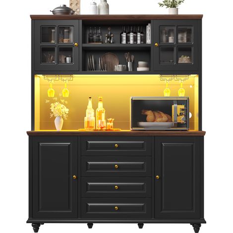 Buffet haut cuisine noir meuble de rangement avec led rgb, porte-verres en métal et étagères réglables, 140x40x179.5cm (1/5)