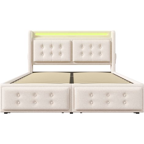 Cama canapé 180x200 beige con cabecero LED USB-C, 4 cajones y somier (1/5)
