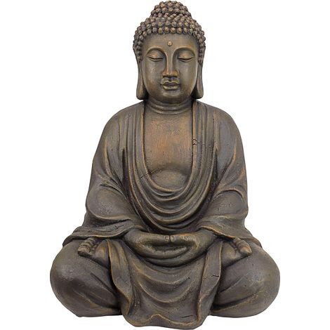 Bouddha Méditatif du Grand Temple Statue de Jardin, Moyen 66 cm, polyrésine, pierre grise, Marron (1/5)