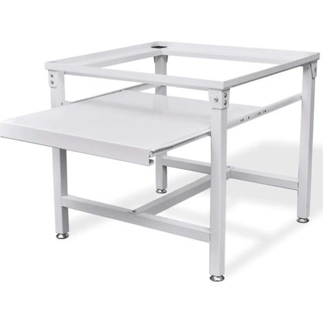 Socle pour machine à laver avec étagère coulissante – Acier blanc – Dimensions 60 x 56,5 x 53,5 cm – Capacité 100 kg – Pieds réglables et tampons antidérapants – Fimei
