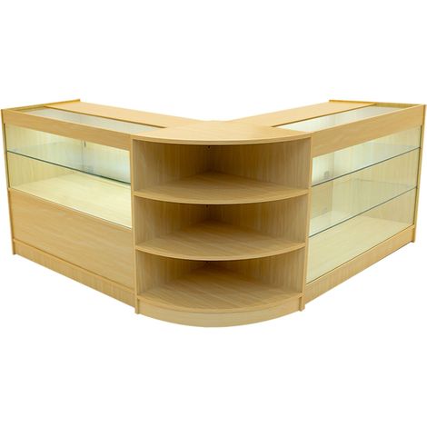 Set Mostradores Comerciales "CALLIOPE"   Arce  K1200+C1200+LM60  MDF y vidrio templado  Estantes y puertas corredizas con cerradura  Fácil Montaje  Mostrador Recepción Expositor Comercial Mesa