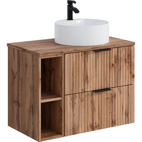 Mobile per bagno sospeso con scanalature con nicchie e lavabo da appoggio tondo L80cm Naturale chiaro - ZEVARA (1/5)