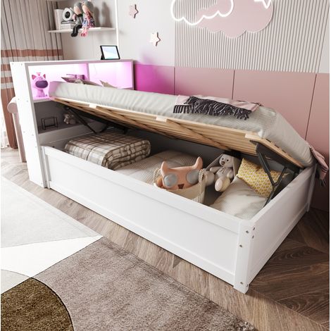 Bett multifunktional modern aus Holz Weiß 90x200 cm mit LED-Kopfteil, Steckdose und hydraulischem Stauraum (1/5)