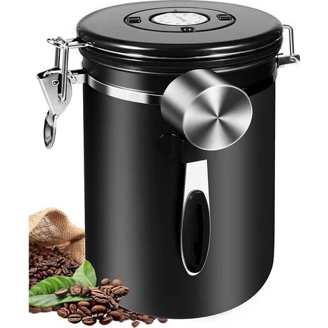 Boîte à café hermétique en acier inoxydable avec indicateur de date et dosette pour grains de café, café moulu, thé, farine, céréales, sucre, 624 ml (22 onces) (1/5)