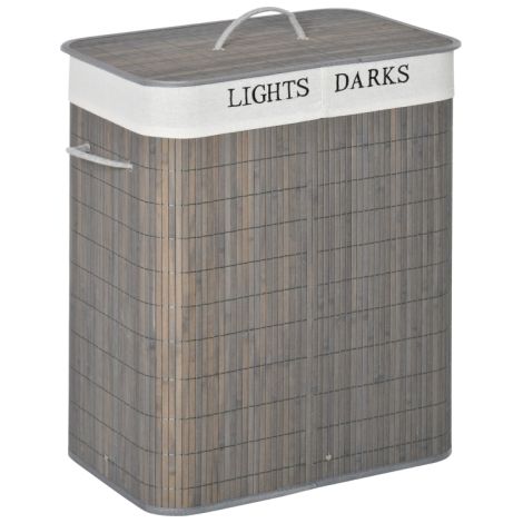100L Grey Laundry Basket with Lid, Collapsible Two-Section Hamper, Removable Water-Resistant Lining and String Handles for Dirty Clothes Storage